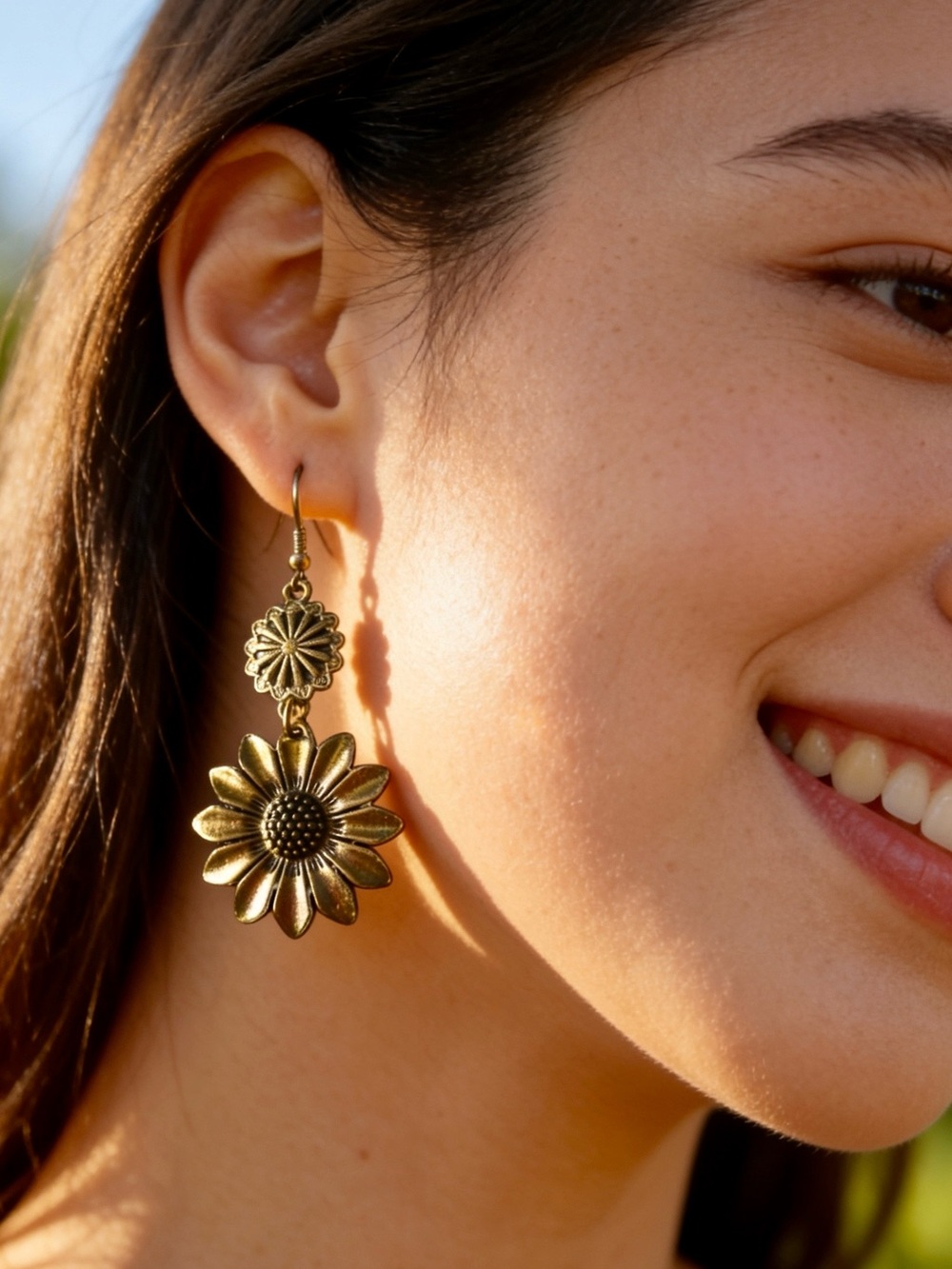 Gold Floral Daisy Drop Earrings for Women